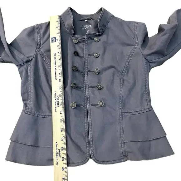 Ann Taylor Loft Military Style Denim Jacket 0 Gray Double Breasted Button Ruffle - Picture 6 of 8